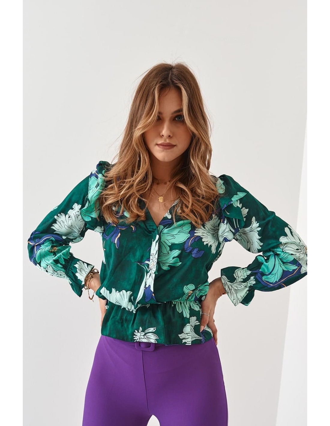 Bluza plic casual cu motive vegetale, verde inchis 20250 - Magazin online - Boutique